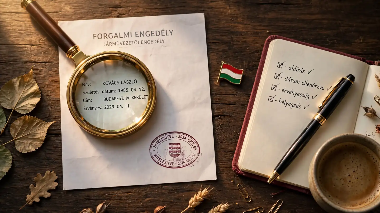 Nagyító vizsgálja a kaszinóengedély dokumentumát egy asztalon, magyar zászlócska mellett.