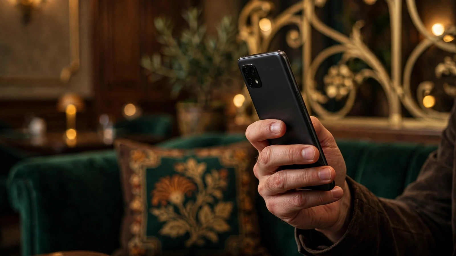 Android okostelefon elegáns, zöld-arany hangulatú környezetben, kaszinó témájú fotó.