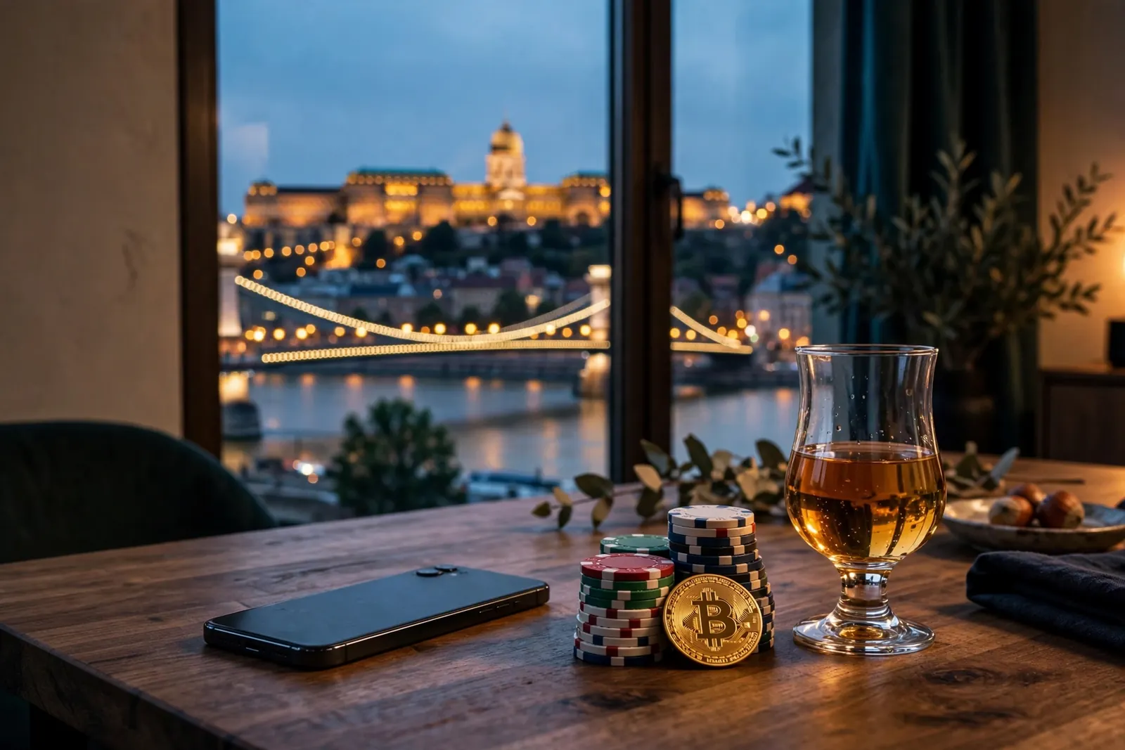 Budapesti lakás asztalán kaszinók zsetonok, Bitcoin token és pálinka, háttérben a Lánchíd és a Budavár.
