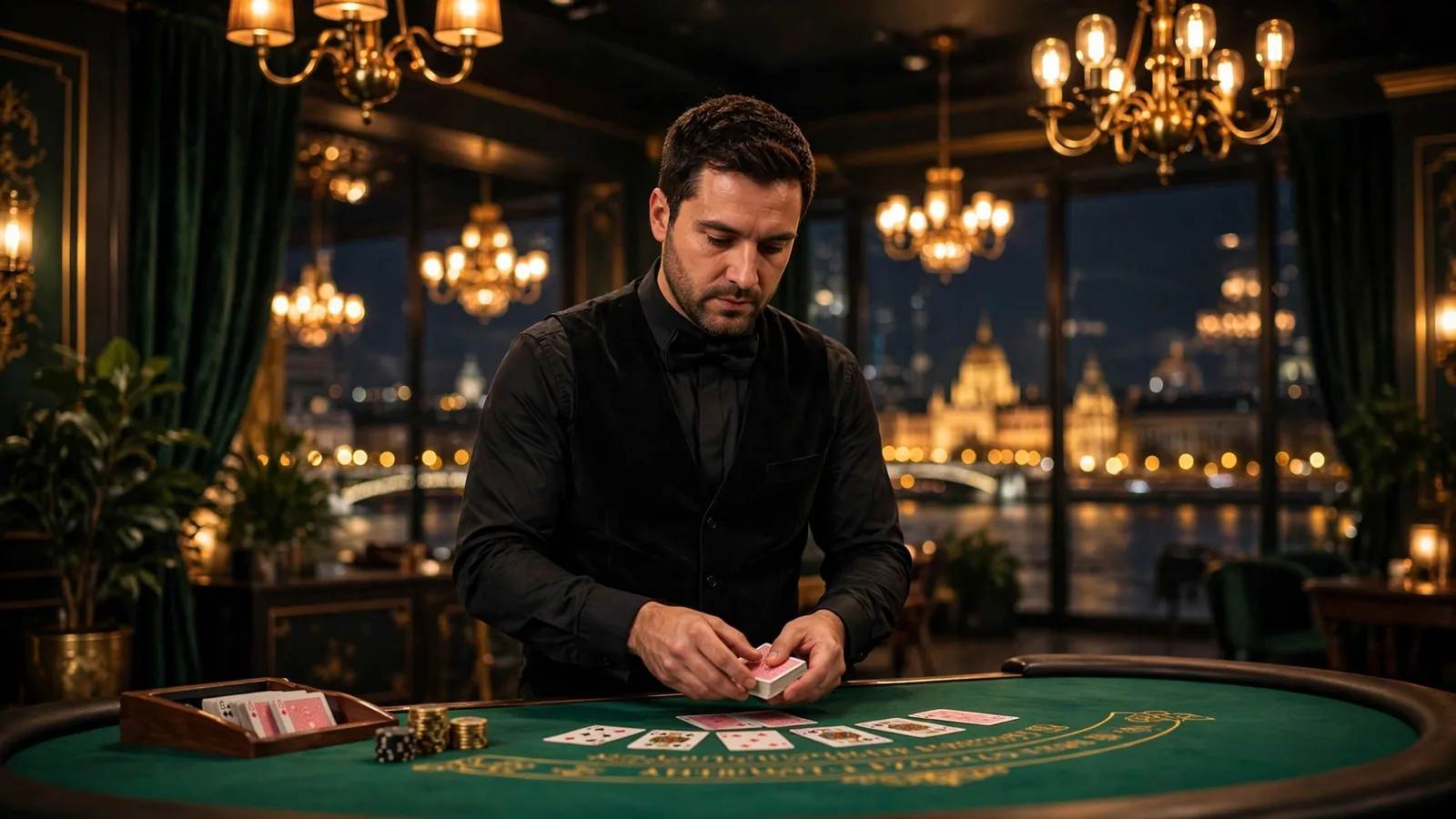 Egy elegáns élő blackjack stúdió Budapest éjszakai panorámájával