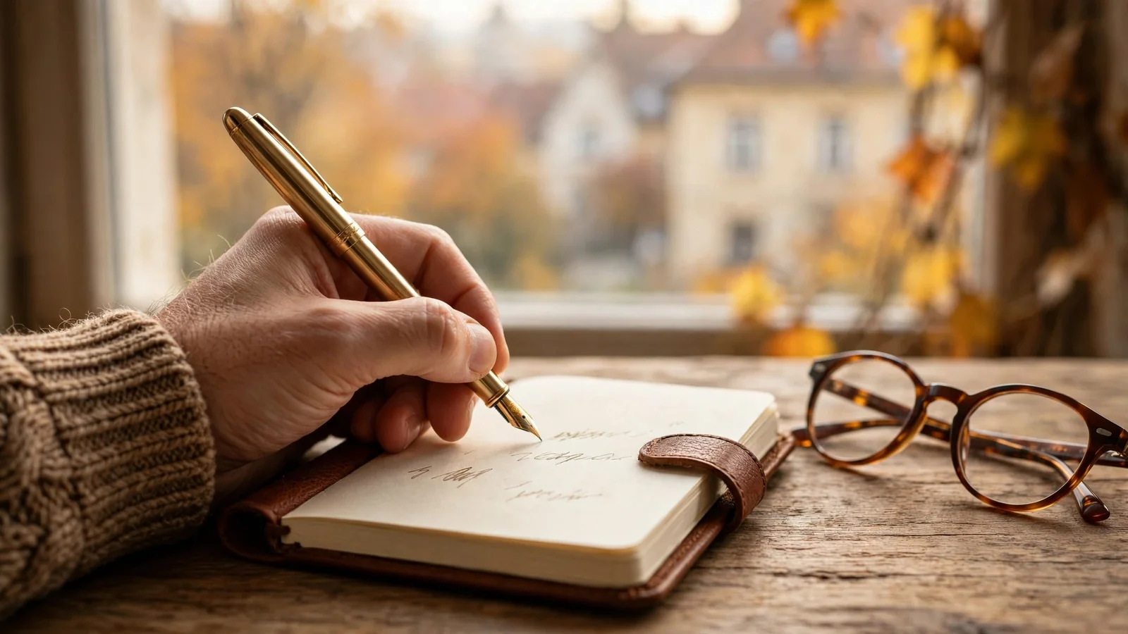 Kéz jegyzetel egy bőrkötésű pénzügyi noteszbe