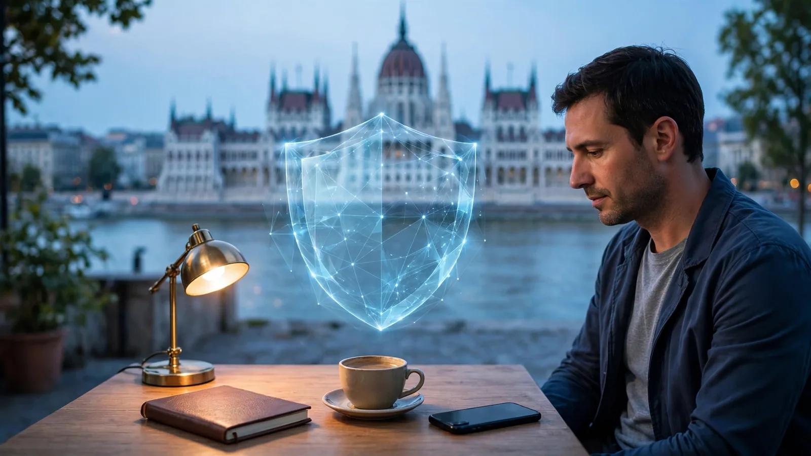 Adatvédelmet jelképező pajzs asztalon, lefordított telefonnal, budapesti panorámával a háttérben.