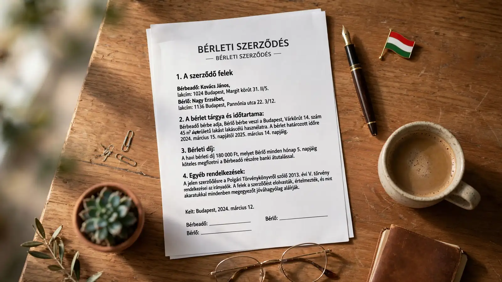 Asztalon kiterített jogi dokumentum, töltőtoll és magyar zászló kitűző